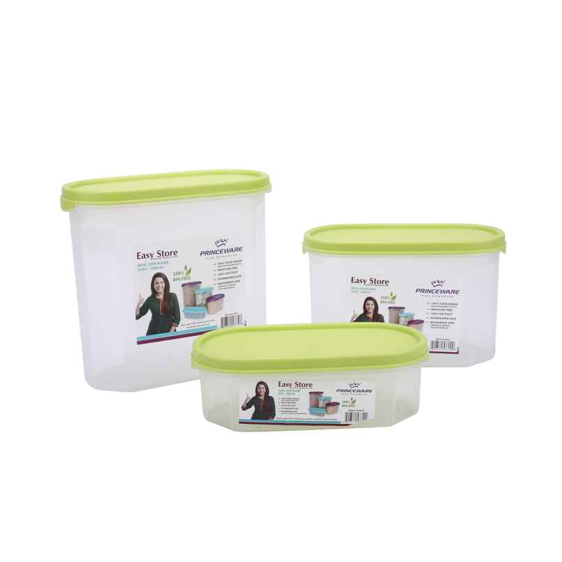 Princeware Easy Store Oval Container Set 3 Pcs | 600ml |1200 ml |1800 ml- Green