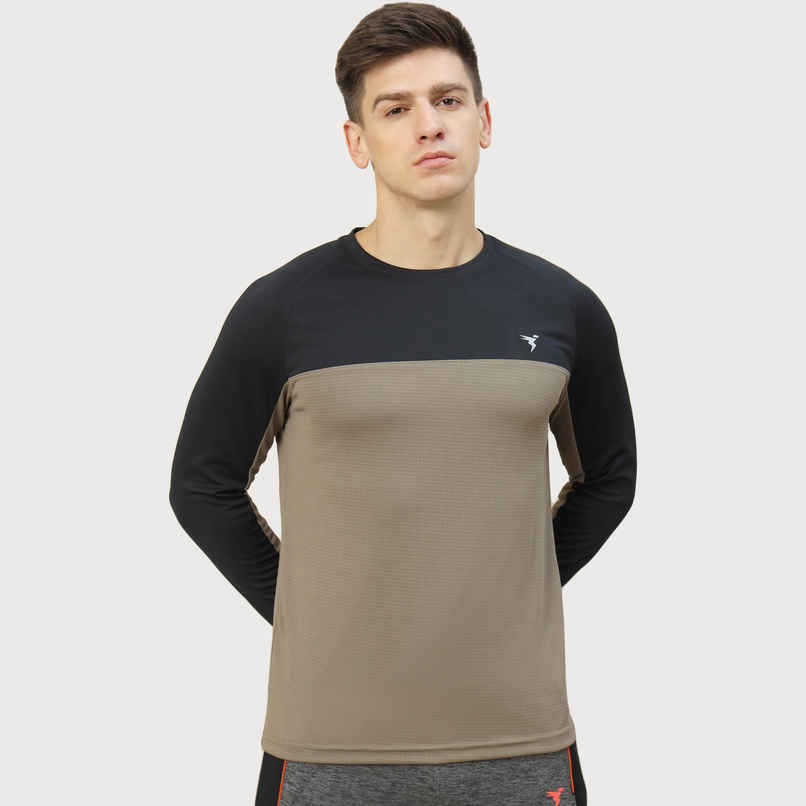 Technosport Men's Poly Colorblock Slim Fit Round Neck Full Sleeve T-shirt | Stone Grey - M Technosport Men's Poly Colorblock Slim Fit Round Neck Full Sleeve T-shirt | Stone Grey - M
