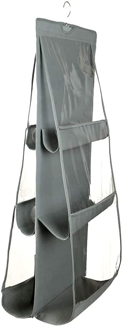 Kuber Industries Dustproof Hanging Handbag Organizer with 6 Compartments & Hanger (Grey | Cotton)