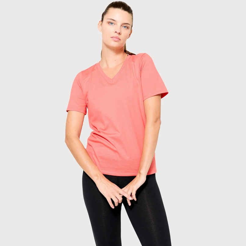 Decathlon | Domyos WoMen's V-Neck Cotton Fitness T-shirt | Pink - S Decathlon | Domyos WoMen's V-Neck Cotton Fitness T-shirt | Pink - S
