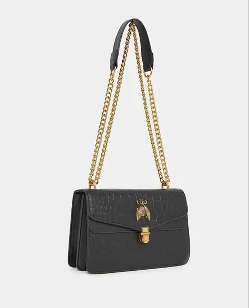 Styli Women's Metal Patch Design Textured Flap Shoulder Bag | Black