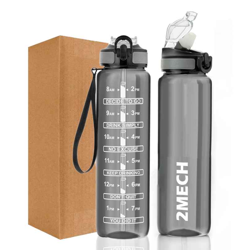2Mech Plastic Water Bottle with Time Marker and Straw | Black | 1 L