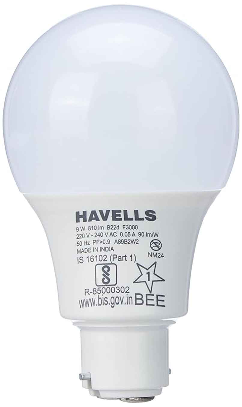 Havells 9W LED B22D Bulb, Upto 4KV Surge Protection, B22 Base Holder - Warm White(Light Yellow Colour)