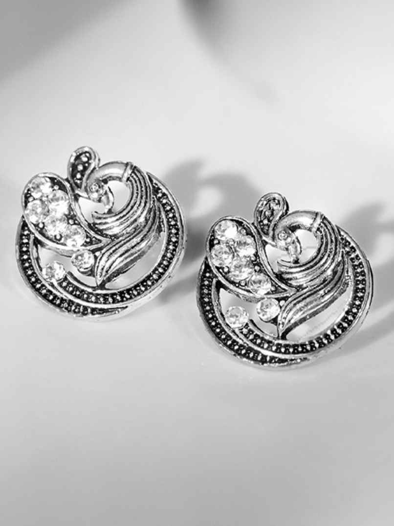 Rubans Silver-Plated American Diamond Studded Peacock Shaped Studs Earrings