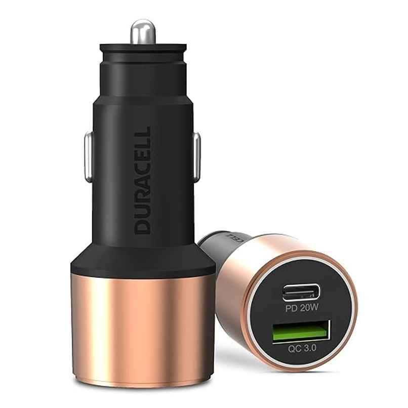 Duracell 38W Dual Output Type C Car Charger (Pd 20W & Qualcomm Certified 3.0) - Black & Copper