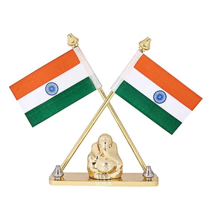 Voila Pair Indian Flag With Lord Ganesha Idol For Car Dashboard - Brass Metal Stand Voila Pair Indian Flag With Lord Ganesha Idol For Car Dashboard - Brass Metal Stand
