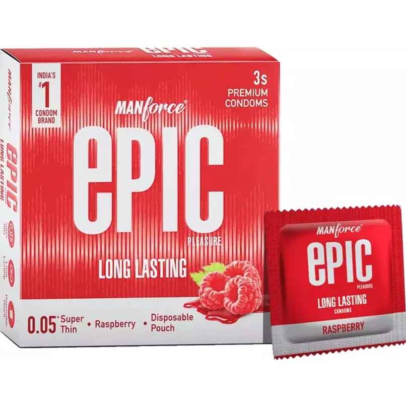 Manforce Epic Pleasure Condoms | Long Lasting, Super Thin, Raspberry Flavour | Disposable