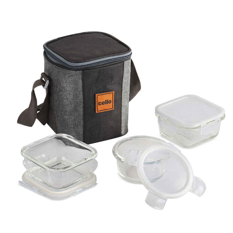 Cello Glassy Mix Lunch Box | Microwavable Borosilicate Glass | 2 x 320 ml and 240 ml | Clear