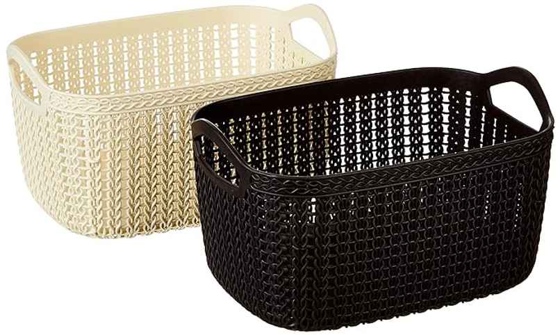Kuber Industries Pack of 2 Plastic Medium Multipurpose Storage Basket With Handles (Brown & Cream) | L - 23 cm, W - 17 cm, H - 13 cm Kuber Industries Pack of 2 Plastic Medium Multipurpose Storage Basket With Handles (Brown & Cream) | L - 23 cm, W - 17 cm, H - 13 cm