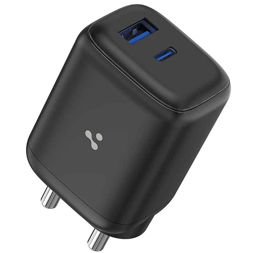 Ambrane 45W Dual Port GaN Charger, USB & Type C Port with QC & PD Technology Compatible with MacBook & Type-C Laptop Charging, iPhone, iPad, Samsung, Redmi, Mi, Oneplus, Oppo, Vivo (Charge 45) - Black