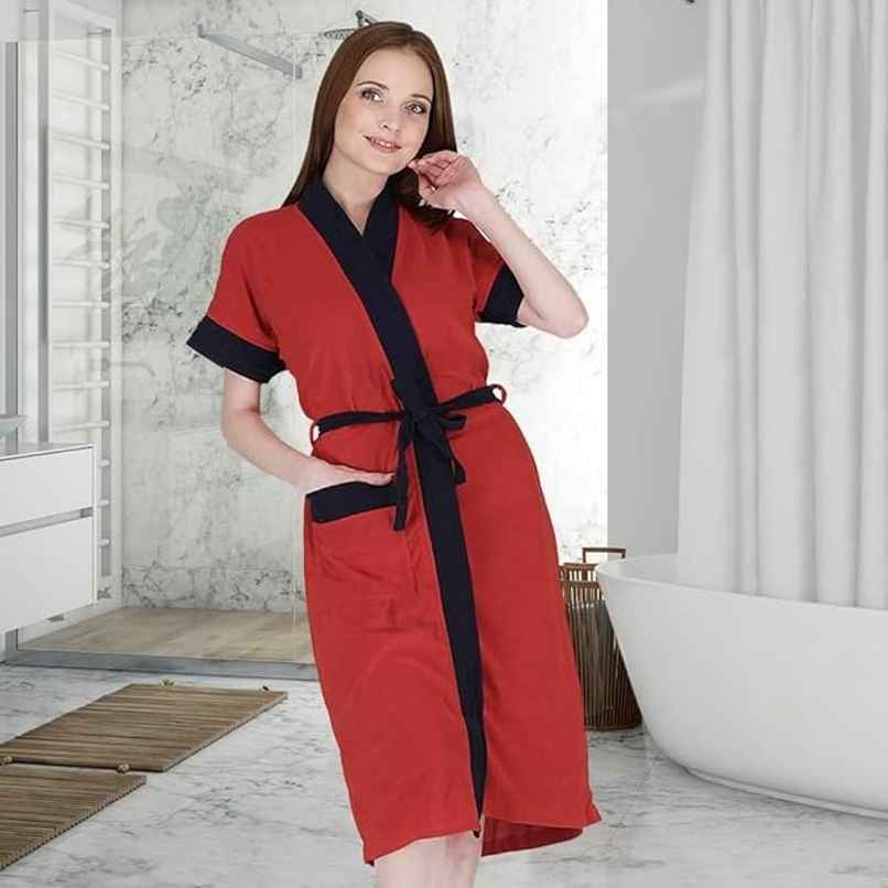 Kuber Industries Bathrobe for Women Micro Terry Cotton Towel Robe|Unisex Bathrobe (Red)
