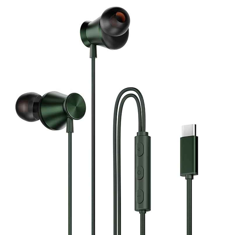 Hammer Nova In Ear C Type Earphones Wired With Mic|13Mm Driver In-Line Control|Metallic Built Green