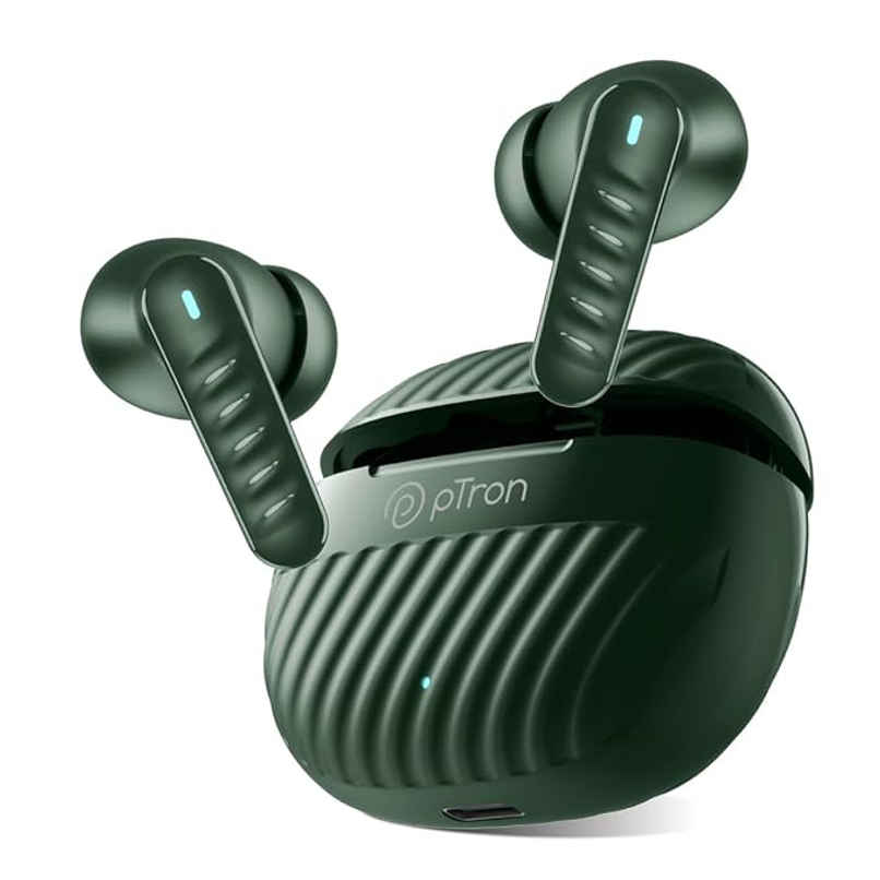 pTron Bassbuds Bliss TWS Earbuds | TruTalk ENC Calls | 40 Hrs Playtime | 50ms Game/Music Mode - Green