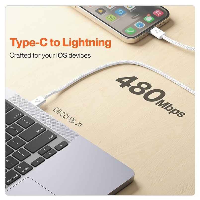 Ambrane Type-C To Lightning Cable, 22.5W Fast Charging Cable (Abtl-Q12, White)