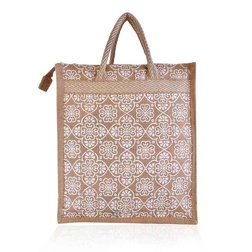 Kuber Industries Jute White Flower Grocery Bag with Handle|Medium|Brown