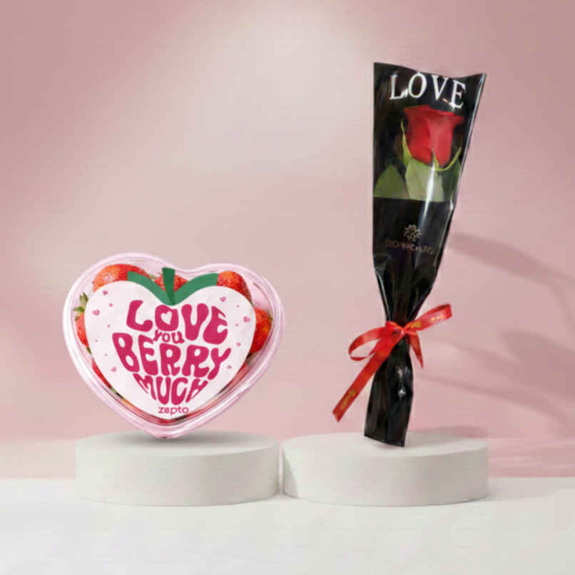 Floweraura Signature Red Rose In Sleeve (1pc) & Strawberry Love Box (Valentine'S Special) (160g) Combo