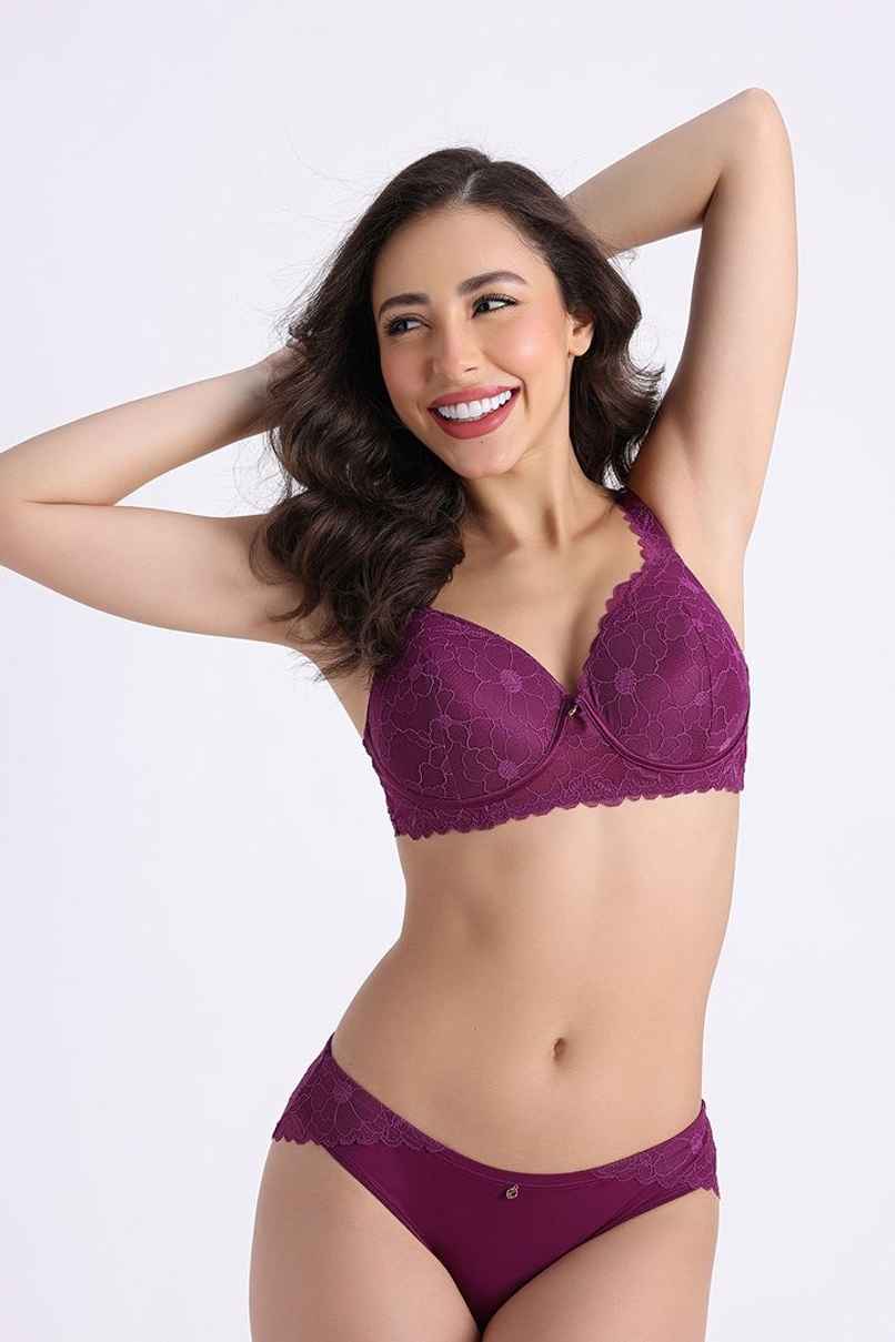 Zivame La Flamme Padded Non Wired 3/4th Coverage Lace Bra | Dark Purple - 36B