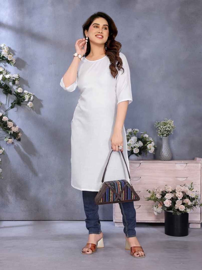 Riglozi White 3/4 Sleeves Cotton Made White Long Round Neck Regular wear Kurti for Women | XXL Riglozi White 3/4 Sleeves Cotton Made White Long Round Neck Regular wear Kurti for Women | XXL