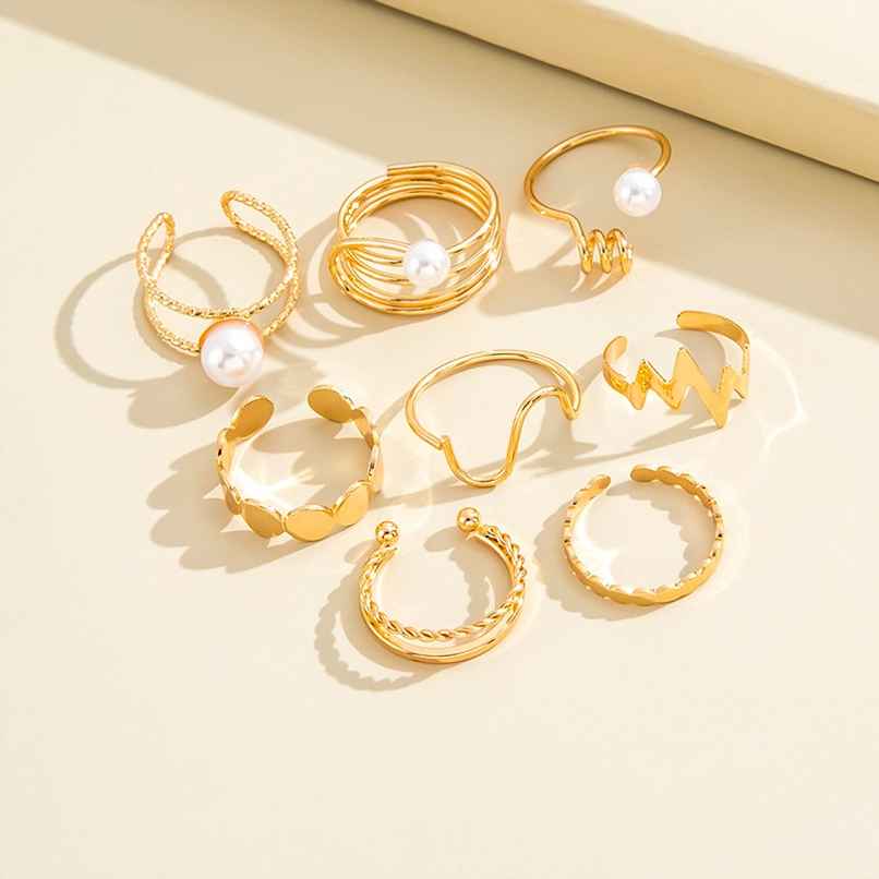 Shining Diva Fashion 8 Pcs Stylish Pearl Rings for Women and Girls | Golden | 14772r