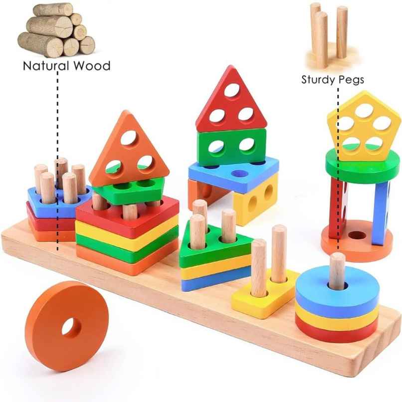 Fablue Wooden Geometric Shape Sorting And Stacking Blocks - Educational Learning Puzzle Toy