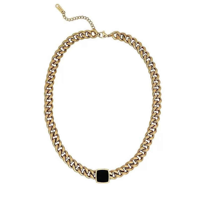 Just Lil Things Chunky Gold Cuban Link Necklace with Black Pendant Bold Statement Jewelry | jltn0577