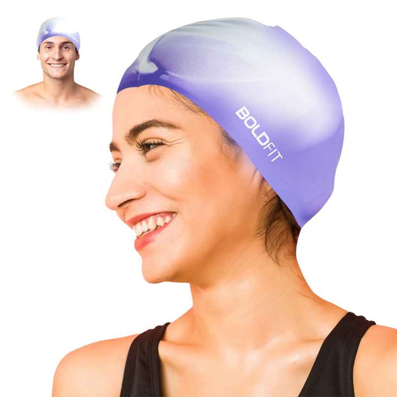 Boldfit Silicone Swimming Cap for Unisex Cap for Kids & Adults Easy Fit - White, Purple