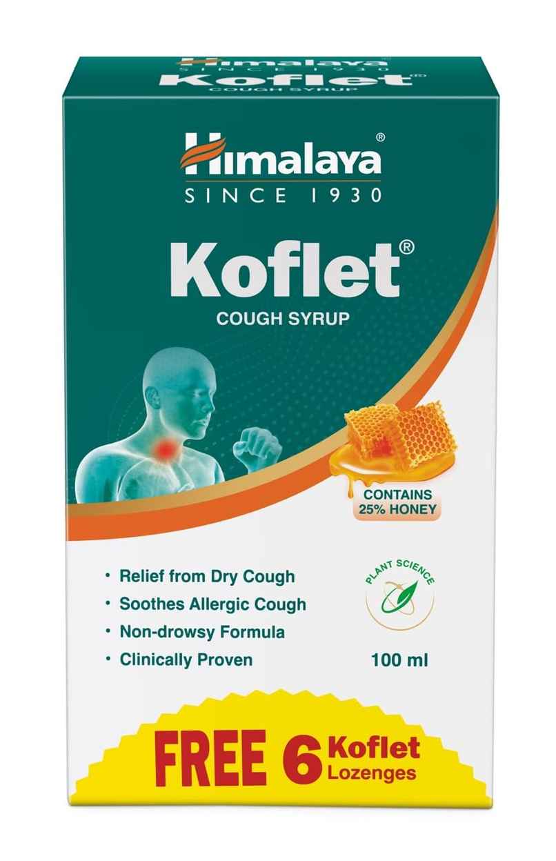 Himalaya Koflet Cough Syrup + 6 Lozenges Free for Cough & Throat Relief | Non Drowsy
