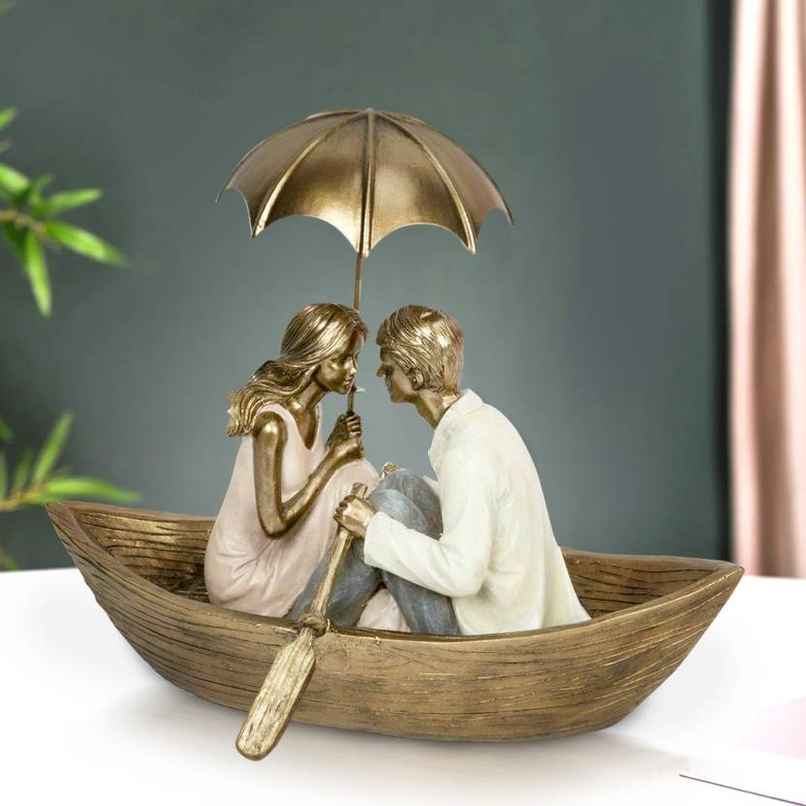 Tied Ribbons Romantic Boat Couple Showpiece Statue for Home Decor and Gifting