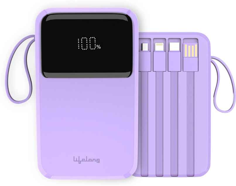 Lifelong Electronics 20000mAh 22.5W Fast Charging Power Bank | 3 Inputs (in-Built USB Cable + Lightning + Type-C Port) | 6 Outputs (3 in-Built Cables + 1 Type-C Port + 2 USB Ports) | QC 3.0 Powerbank - Purple