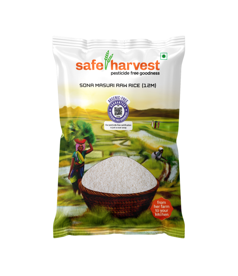 Safe Harvest Pesticide-Free Sona Masuri Rice | Gluten-Free, Unpolished, Arsenic-Free | 12 Months Safe Harvest Pesticide-Free Sona Masuri Rice | Gluten-Free, Unpolished, Arsenic-Free | 12 Months
