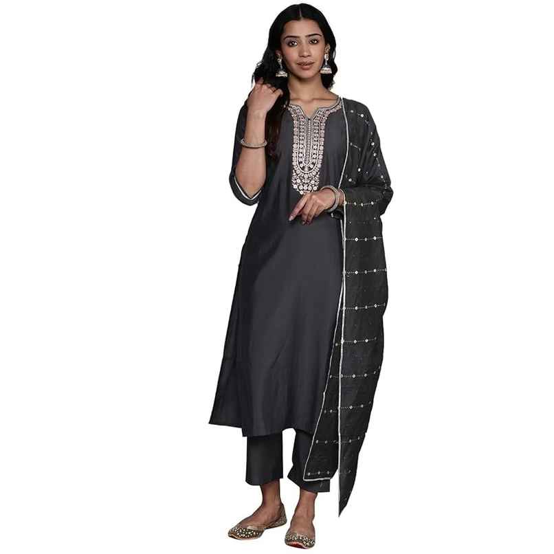 Libas Women Grey Silk Straight Kurta With Grey Silk Blend Trouser And Silk Blend Dupatta - 35163M