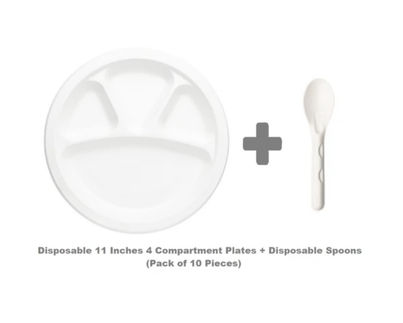 Tempware Combo- Disposable Bagasse 4 Compartment Plates with Spoons