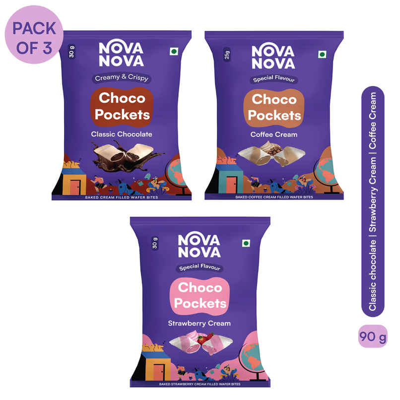 Nova Nova Choco Pockets - Assorted Pack of 3 ( Classic Chocolate, Coffee & Strawberry Cream)