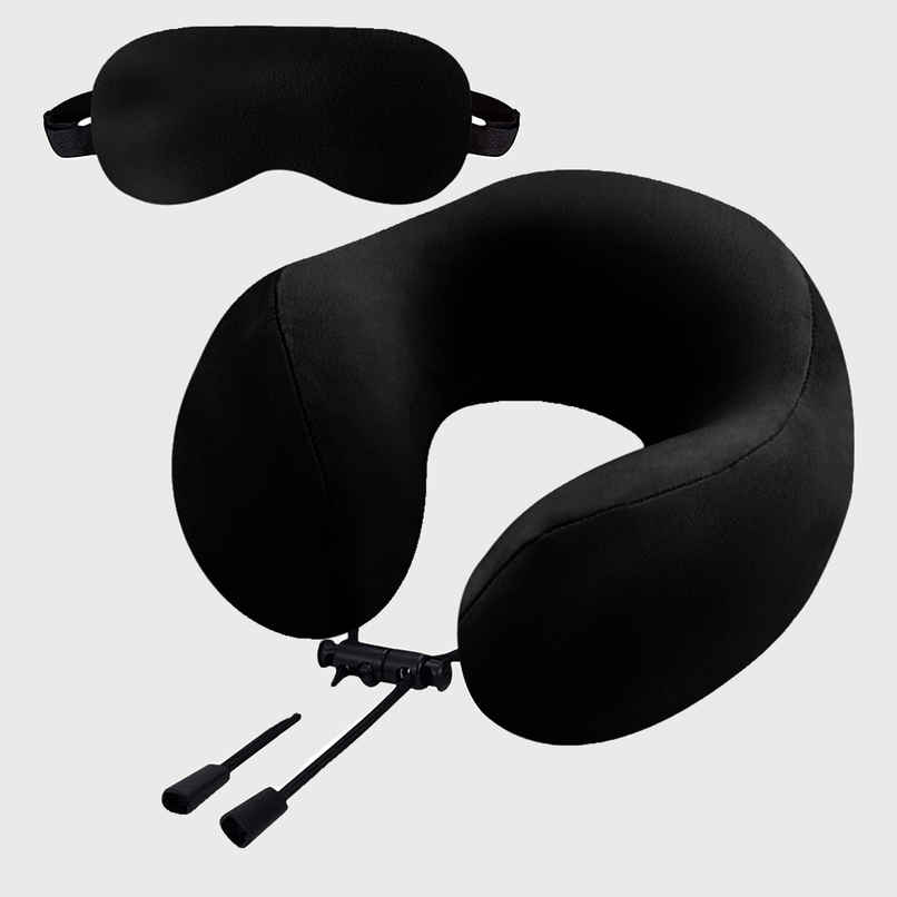 Billebon Unisex Memory Foam Neck Pillow with Eye Mask | Black - Free Size