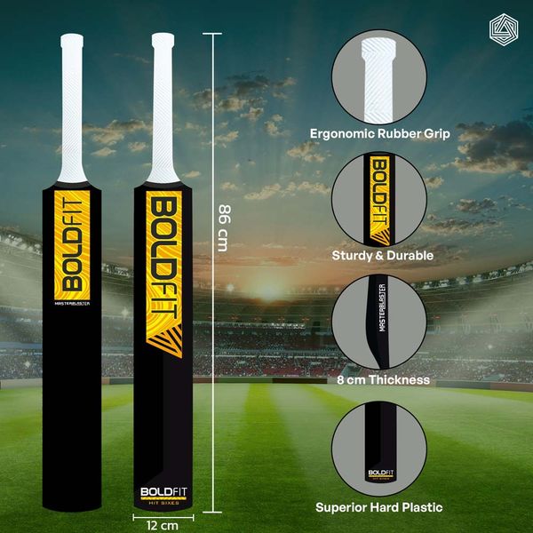 Boldfit Plastic Cricket Bat FullSize Black & Yellow for Turf Matches