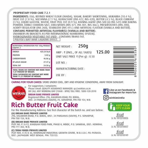 Winkies Cake Rich Butter Fruit Cake 250 g Buy online at ₹143 near me