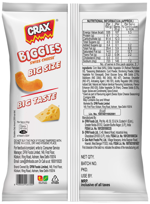 Crax Biggies Swiss Cheese Puffs - Buy online at ₹60 near me