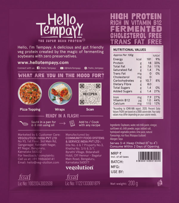 Hello Tempayy Spicy Peri Peri Soyabean Tempeh Cubes Protein & Fibre