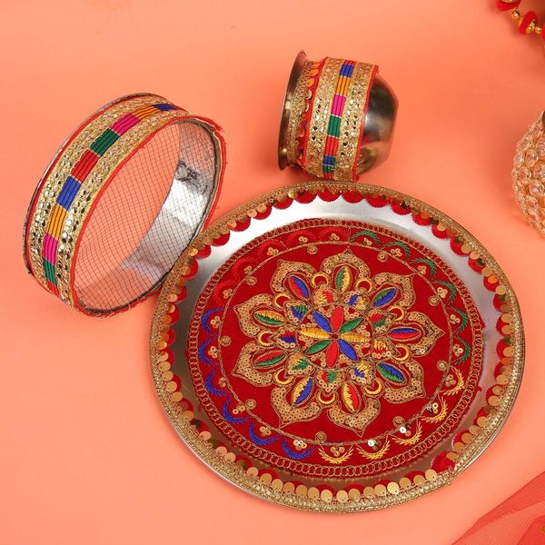 Sanskriti Traditional Red Handcrafted Karwa Chauth Designer Thali Set
