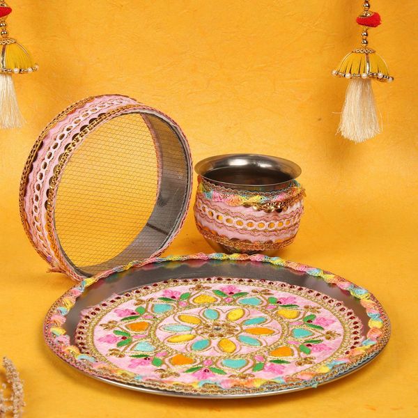 Sanskriti Pink Handcrafted Karwa Chauth Designer Thali Set Buy online