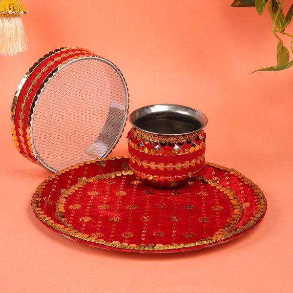 Sanskriti Pure Red Handcrafted Pooja Thali Kalash Set Buy online at