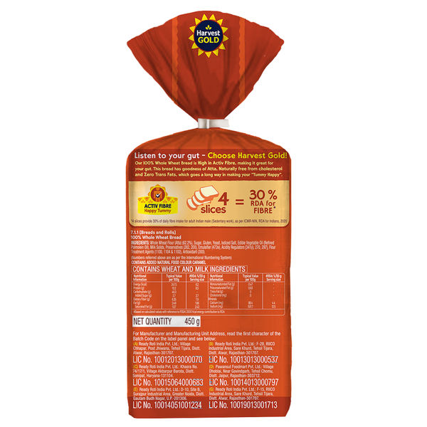 Harvest Gold 100% Whole Wheat - Zero Maida Breakfast Bread 450 g - Buy ...