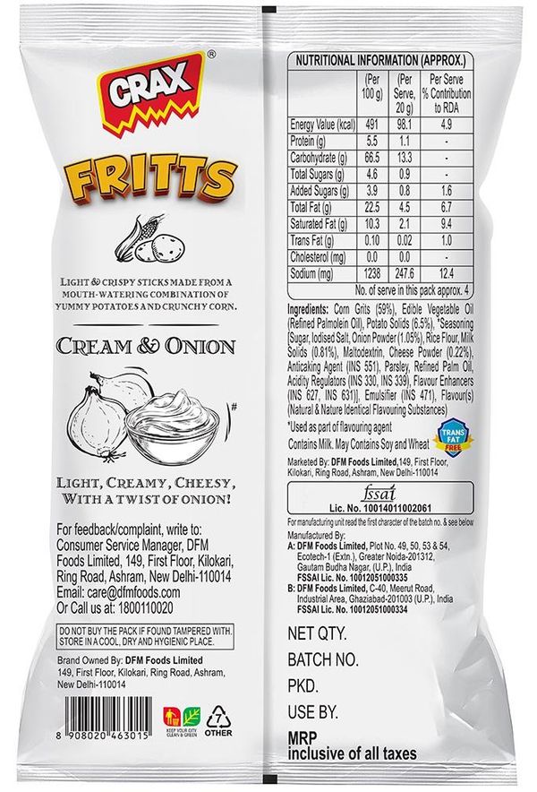 Crax Fritts Corn & Potato Sticks - Cream & Onion Fries Puffs 82 g - Buy ...