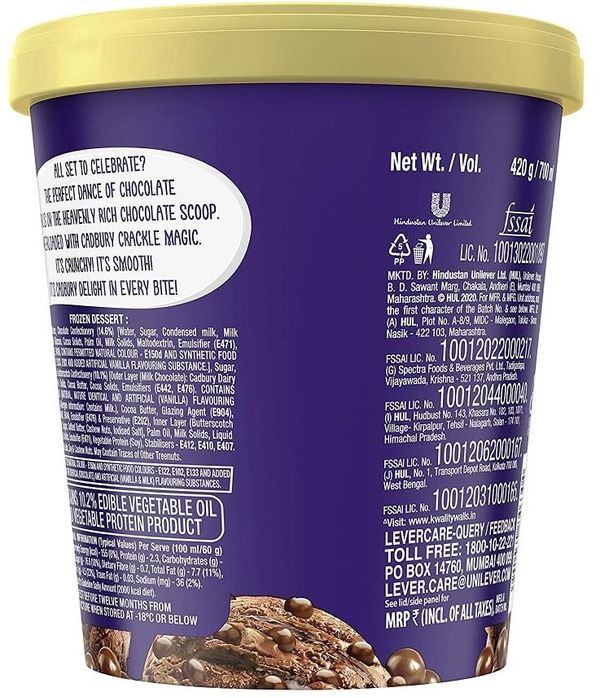 Kwality Wall's Cadbury Crackle Tub 700 ml - Buy online at ₹323 near me