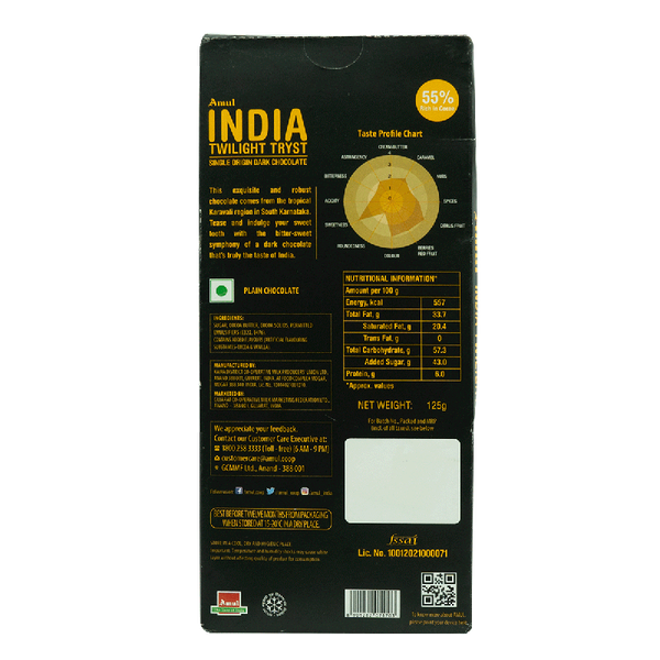 Amul India Twilight Tryst 55 Dark Chocolate Bar 125 g Buy online at ₹140 near me