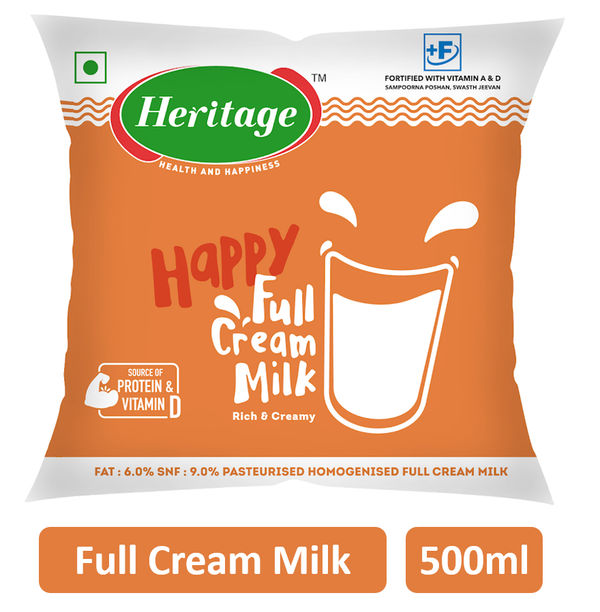 Heritage Full Cream Fresh Milk (Pouch) 500 ml Buy online at ₹35 near me