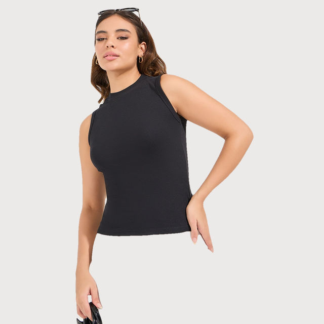 Styli Women Black Ribbed High Neck Fitted Tank Top L - Buy at