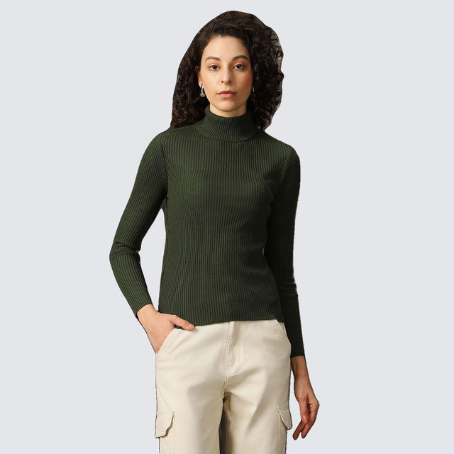 High Star Women's Turtle Neck Solid Ribbed Pullover - Buy at ₹659