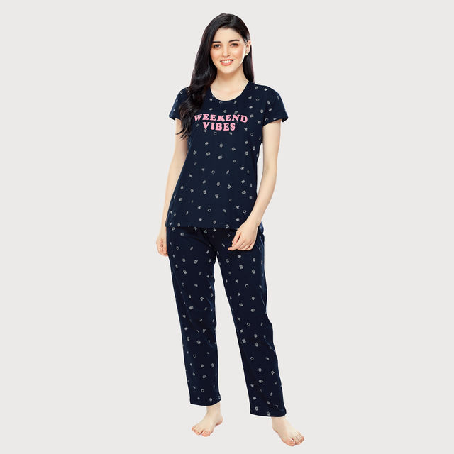 Zeyo Women's Cotton Printed Navy Blue Night Suit Set of Top