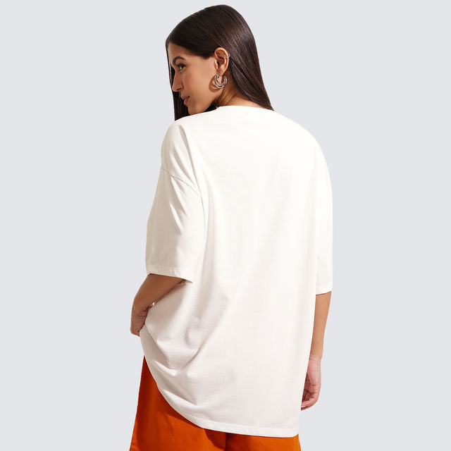 Tokyo Talkies Women's Solid Oversized Fit Chest Print T-shirt
